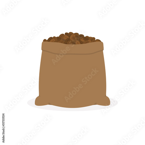Sack of coffee on white background. Canvas bag with coffee beans. Cartoon vector illustration