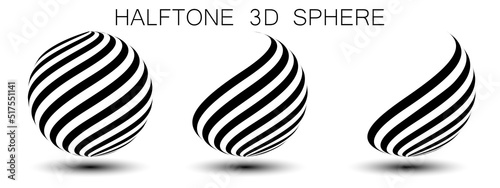 Halftone 3d sphere. Abstract vector element made of black dots on a white background. Logo with shadow.