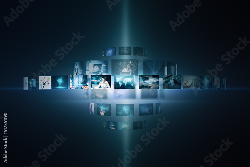 Creative digital picture gallery on blue backdrop. Photo album and media technology concept.