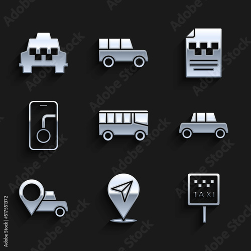 Set Bus, Location, Road sign for taxi stand, Car, with, City map navigation, Taxi driver license and car icon. Vector