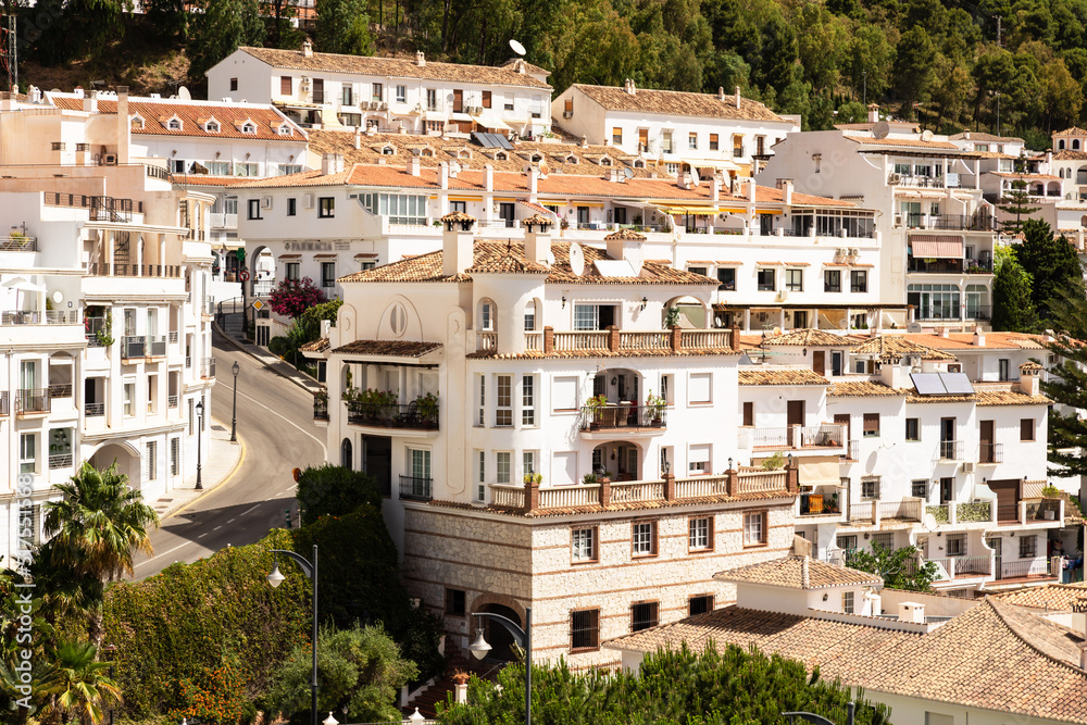 View of the picturesque white-washed mountain village of Mijas in Andalusia; southern Spain.