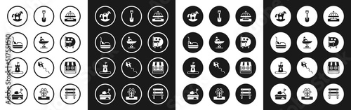 Set Attraction carousel, Swing boat, Bumper, Horse saddle swing, Kid playground slide pipe, Shovel toy, Shooting gallery and Sand tower icon. Vector