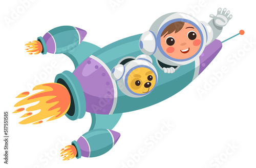 Kid and dog flying on space rocket. Happy astronauts © VectorBum