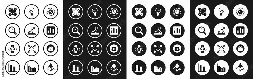 Set Wrench and gear, Mountains with flag, Unknown search, Infographic element, Pie chart infographic, Light bulb, Shopping bag Sale and icon. Vector