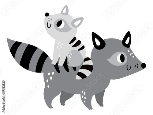 Racoon with baby. Loving animal parent character