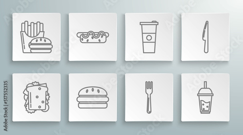 Set line Sandwich, Hotdog sandwich with mustard, Burger, Fork, Glass of lemonade drinking straw, Paper glass water, Knife and french fries carton package box icon. Vector
