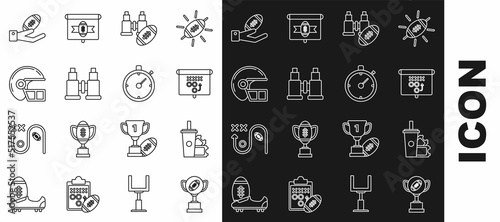 Set line Award cup and American football ball, Football ticket paper glass soda with drinking straw, Planning strategy concept, Binoculars american, helmet, hand and Stopwatch icon. Vector