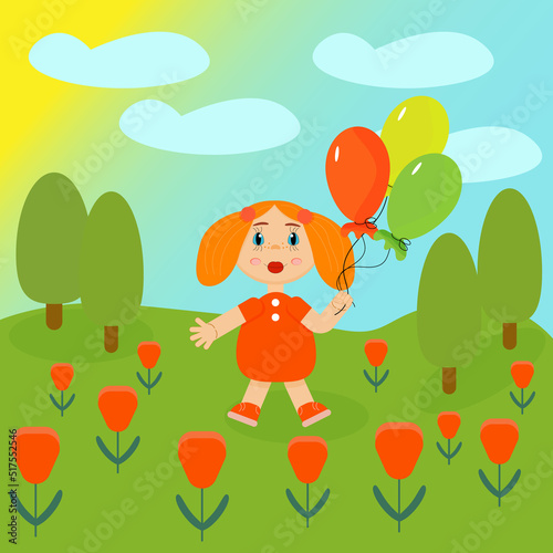 Cute little girl with freckles. Walking with balloons. Cartoon illustration. 