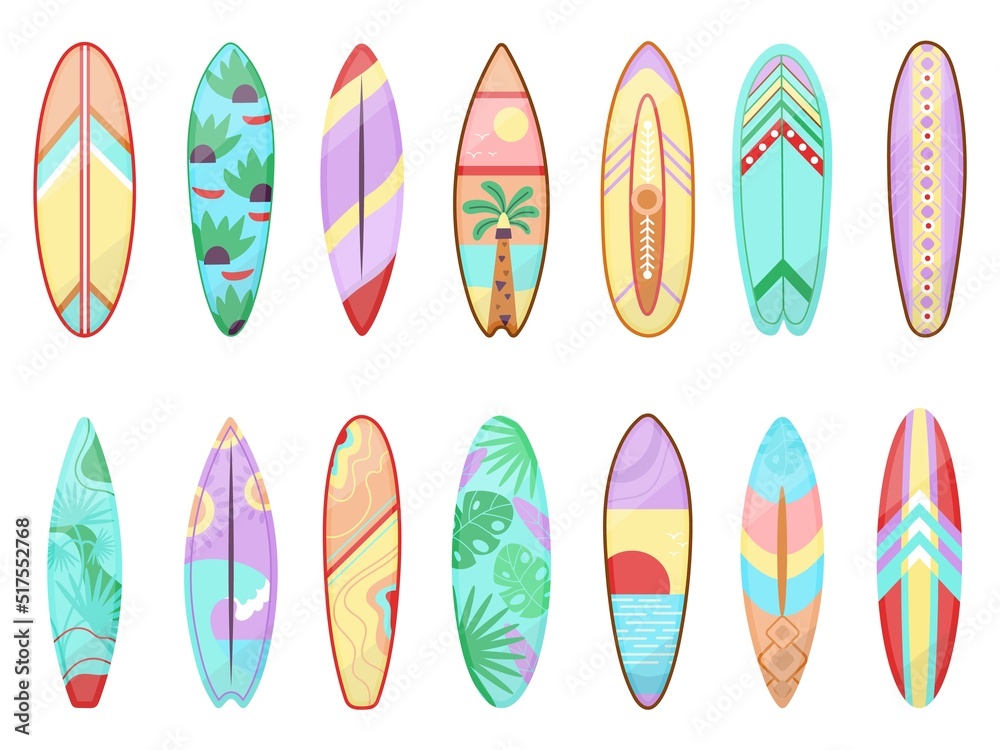 Cartoon surfing board. Surf gear, surfboard isolated for sea training. Water sport decoration boards, flat hawaii longboard decent vector summer elements - obrazy, fototapety, plakaty 