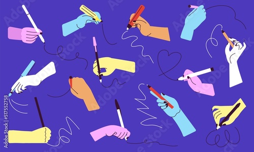 Abstract writing hands holding different stationery. Handwriting pencil, pen and markers. Colorful cartoon arm, student or business signature decent vector set
