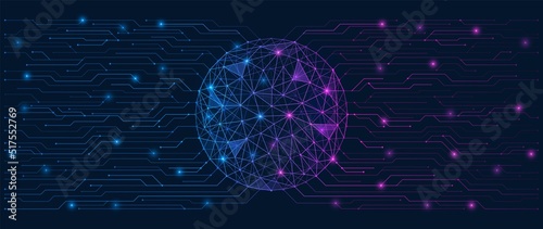 World of the metaverse. Printed circuit board connected to a polygonal sphere. Low-poly design of interconnected lines and dots.