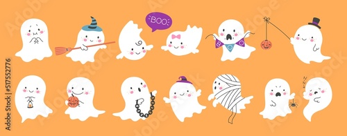 Cute ghost. Happy halloween ghosts characters, spooky expression creature. Funny scary magic demon with pumpkin, mystery creative nowaday vector clipart