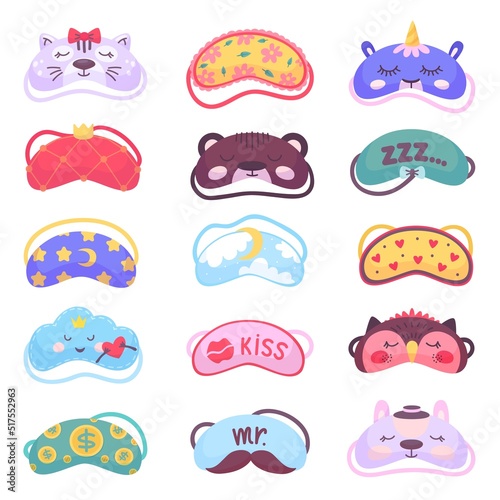 Eye sleep mask. Relaxed eyes accessories, bedtime elements. Traveler masks with cat, bear, cloud characters. Night sleepy blindfold, neoteric vector set