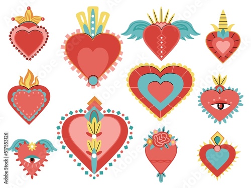 Sacred mexican hearts with fire eye and wings. Retro heart mexico stickers. Fashion tattoos or embroidery patch template. Spiritual magic decent vector elements
