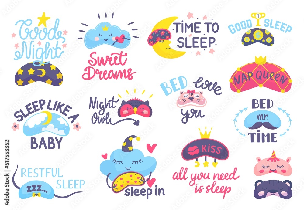 Naklejka premium Dream mask. Bedtime elements, cute masks eyes and positive phrases. Night sweet dreams accessories, sleeping beauty girls neoteric vector stickers