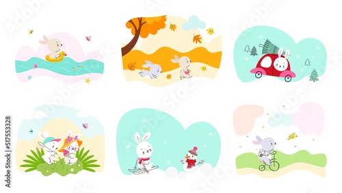 Happy cartoon bunny in different seasons. Cute fun bunnies walk in autumn forest, drive auto with christmas tree. New year holidays and summer time nowaday vector kid prints