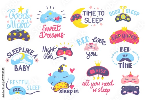 Dream mask. Bedtime elements, cute masks eyes and positive phrases. Night sweet dreams accessories, sleeping beauty girls neoteric vector stickers