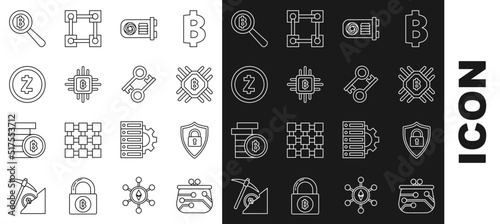 Set line Cryptocurrency wallet, Shield security with lock, CPU mining farm, Mining, coin Zcash ZEC, Magnifying glass Bitcoin and key icon. Vector