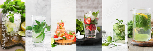 Collage with fresh tasty mojito cocktails