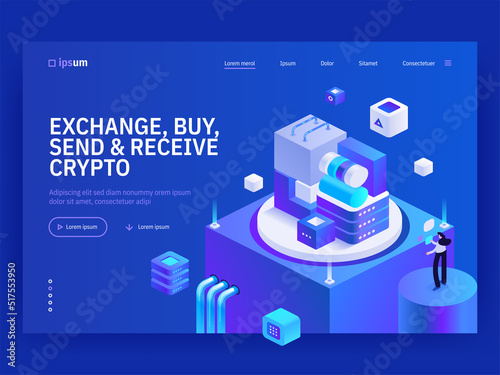 Exchange buy send and receive crypto isometric vector image on blue background. Safe operations with virtual currency. Stock market. Web banner with space for text. Composition with 3d components