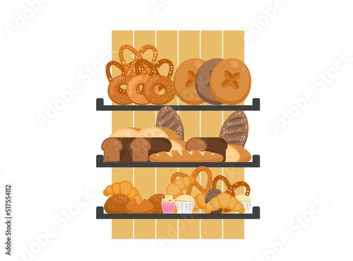 Shelves with variety of bread in bakery shop. Showcase with bread and pastry, baguette, ciabatta, croissant, bagel, pretzel. Flat vector illustration isolated on white background.