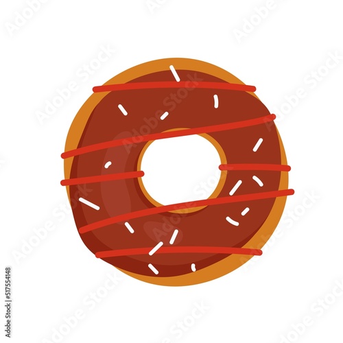 Chocolate donut isolated on white background. Glazed doughnut for menu design. Flat vector illustration, top view