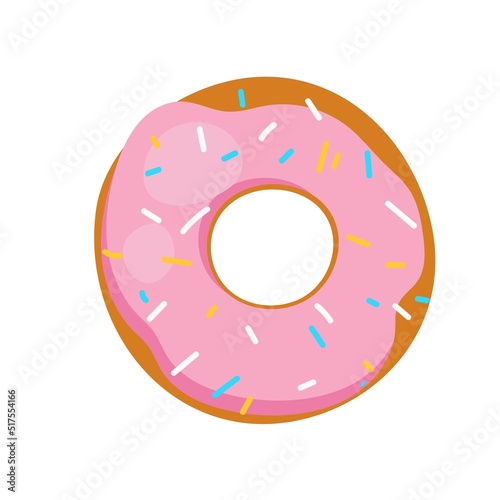 Pink donut isolated on white background. Glazed doughnut for menu design. Flat vector illustration, top view