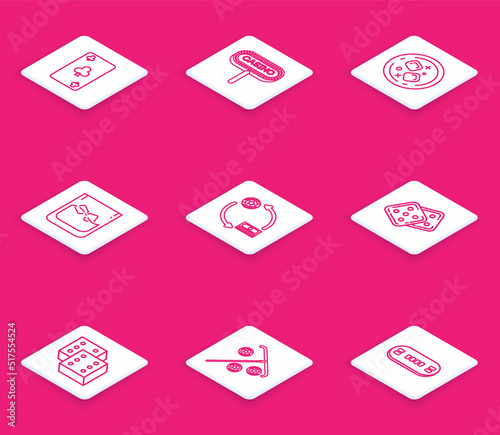 Set line Playing card with clubs symbol, Casino signboard, Glass of whiskey and ice cubes, chips exchange on stacks dollars, Game dice, and Stick for icon. Vector