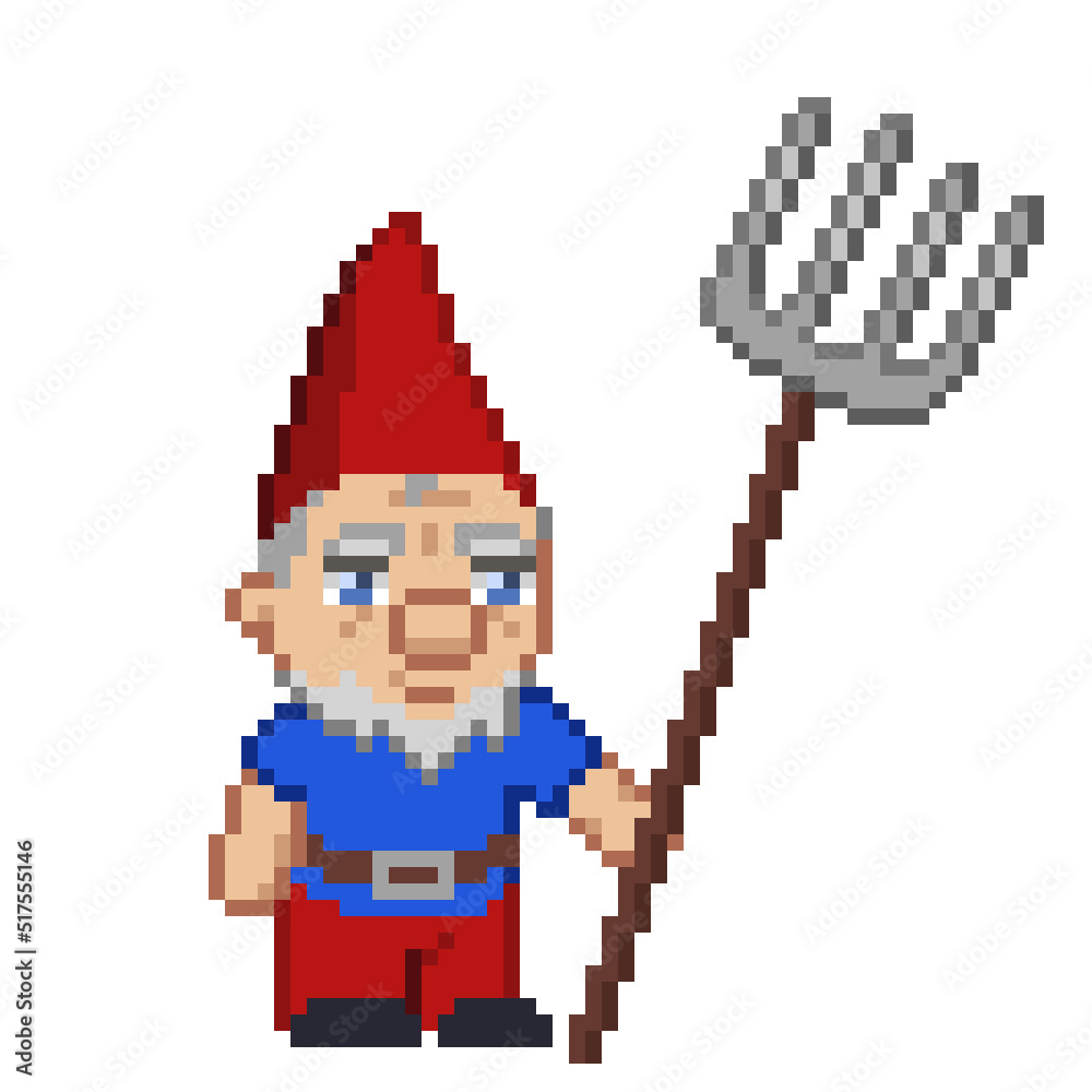 Obraz premium An 8-bit retro-styled pixel-art illustration of a garden gnome holding a pitch fork.