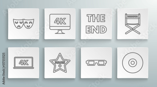 Set line Laptop screen with 4k video technology, 3D cinema glasses, CD DVD disk, The End handwritten inscription, Director movie chair and Comedy tragedy theatrical masks icon. Vector