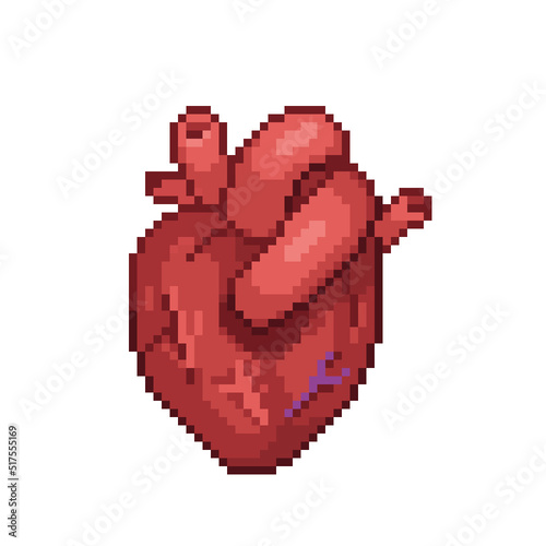 An 8-bit retro-styled pixel-art illustration of a bloody heart.