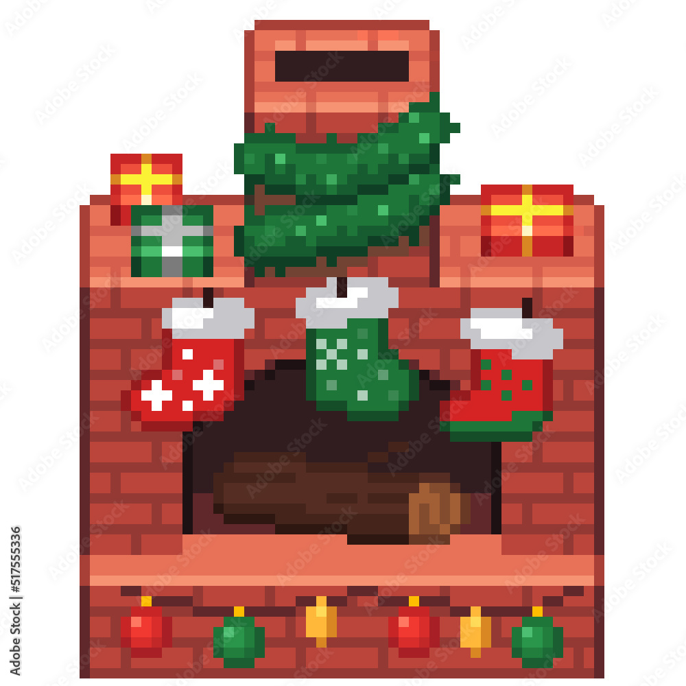 An 8-bit cartoon retro-styled pixel-art illustration of a Christmas chimney featuring stockings and wrapped gifts.