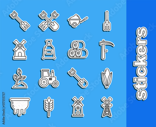 Set line Windmill, Corn, Scythe, Wheelbarrow with dirt, Bag of flour, Garden rake and Roll hay icon. Vector