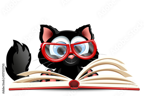 Black Cat reading book in eyeglasses