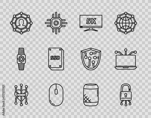 Set line Processor, Lock on digital circuit board, Monitor display with 5k video, Computer mouse, Project team base, SSD card, Voice assistant and Laptop icon. Vector