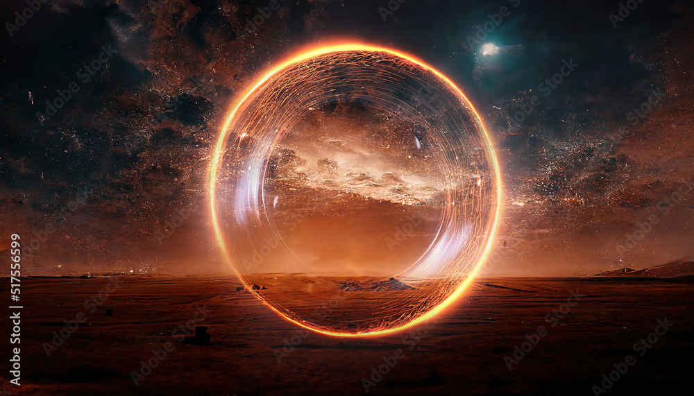 Abstract futuristic fantasy desert landscape, fiery circle, neon circle. Gloomy clouds, clouds, light circle. Sci-fi landscape of an alien planet. Unreal world. 3D illustration.