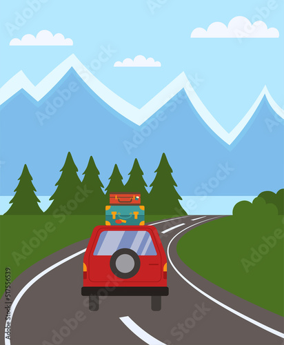 Car On The Road To The Mountain Landscape Vector Illustration In Flat Style