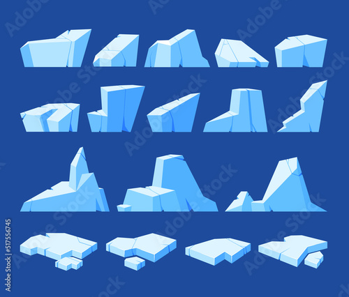 Set of Icebergs, Frozen Ice Floe Blocks, Blue Iced Snowdrift Caps. Ice Lumps or Cubes With Facets, Slippery Surface