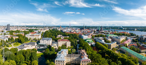 Aerial panoramic view of the center of Riga. Close up panoramic view of the cathedral with Riga old town in the background.
