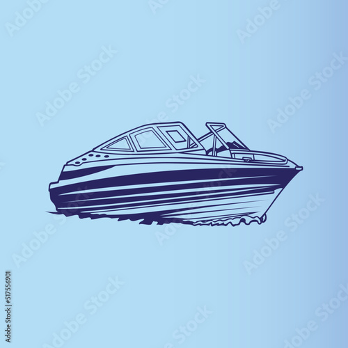 motor boat on the water. Blue speedboat on the calm turquoise sea icon Isolated on sky vector background