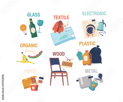 Garbage Types Glass, Textile, Electronic and Organic, Wood, Plastic or Paper and Metal Wastes. Concept of Trash Sorting