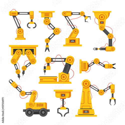Manufacturing Automation Technology And Robotics Engineering Concept. Industrial Robot Manipulators, Robotic Arms Set