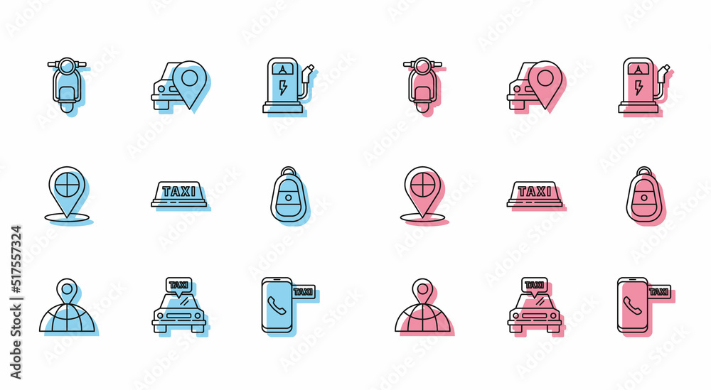 Set line Location on the globe, Taxi car, Scooter, call telephone service, roof, Car key with remote, Map pointer taxi and icon. Vector Set line Location on the globe, Taxi car, Scooter, call telephone service, roof, Car key with remote, Map pointer taxi and icon. Vector