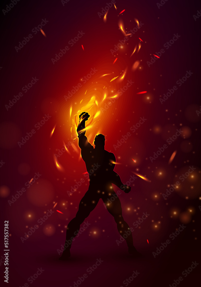 Silhouette Of Super Hero With Fire
