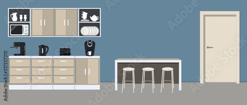 Office kitchen. Break room. Dining room in the office. There are kitchen cabinets, a table, chairs, a microwave, a black kettle, a toaster and a coffee machine in the picture. Vector illustration