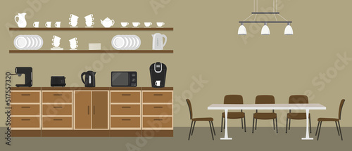 Office kitchen. Break room. Dining room in the office. There are kitchen cabinets, a table, chairs, a microwave, a black kettle, dishes and a coffee machine in the picture. Vector illustration.