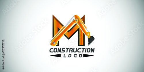 M letter construction logo with  Excavator design