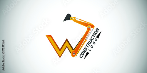 W letter construction logo with  Excavator design