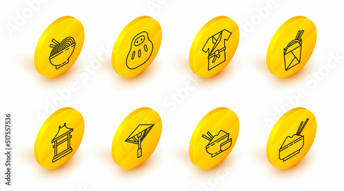 Set line Rice in a bowl with chopstick, Japanese umbrella from the sun, Gate, Asian noodles paper box and chopsticks, costume Kimono, Maneki neko cat and icon. Vector