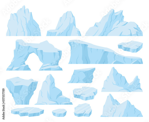 Cartoon icebergs, arctic glaciers, ice peaks and snow mountains. Frozen water crystals, blue ice blocks and floating ice floe vector symbols illustration set. Arctic ice collection